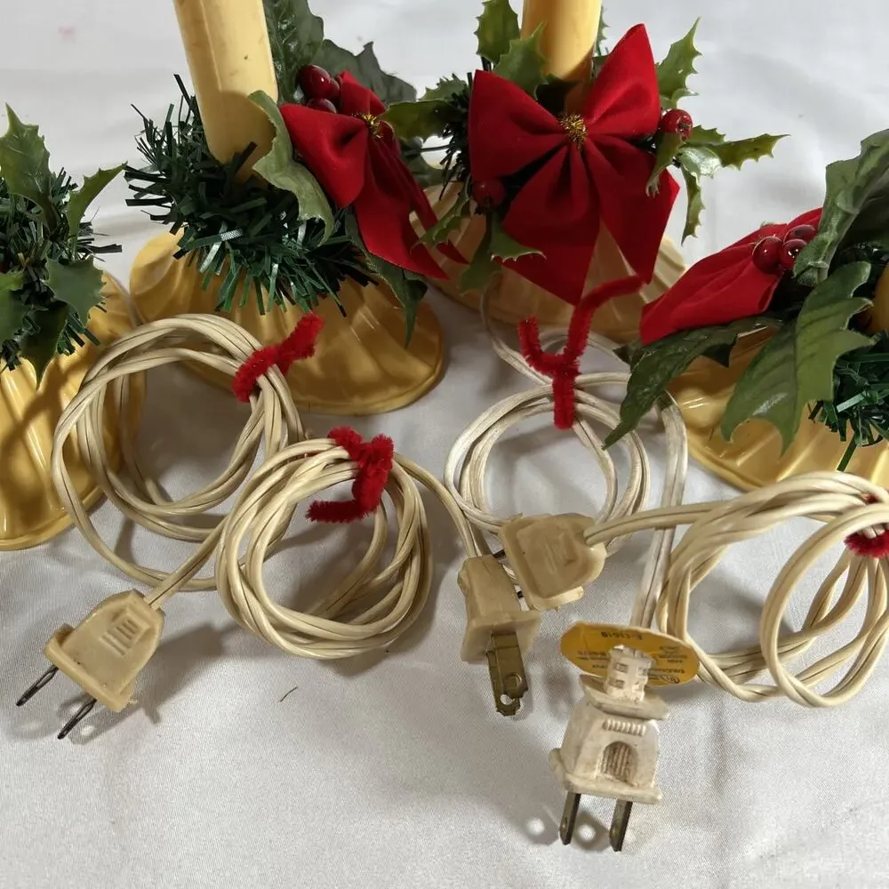 Vintage Set of 4 Plug-In Electric Christmas Window Candle Lights Holly Red Bows